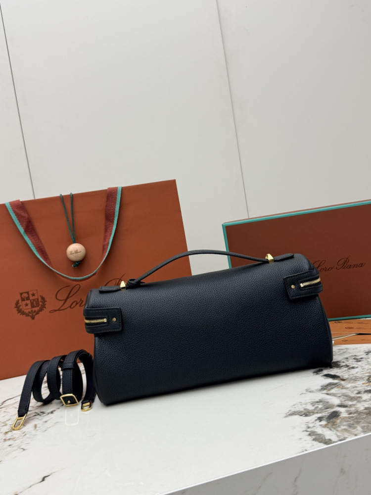 Loro Piana Extra Pocket L19 handbag, crafted in black grained leather with gold-tone hardware.