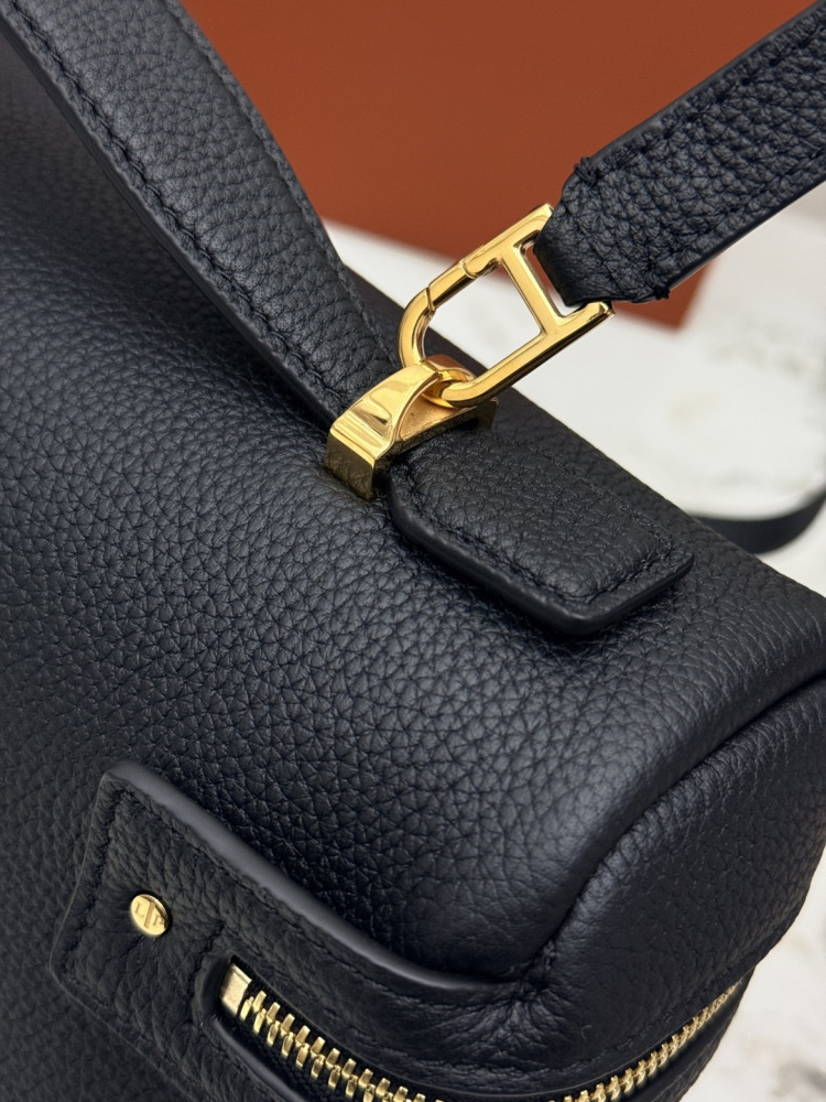 Loro Piana Extra Pocket L19 handbag, crafted in black grained leather with gold-tone hardware.