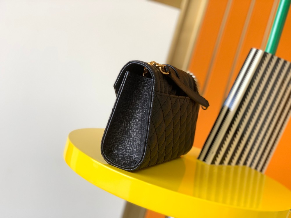 This is a quilted envelope bag from YSL, crafted in black caviar leather with a gold-tone logo and metal chain strap, suitable for shoulder or crossbody wear.