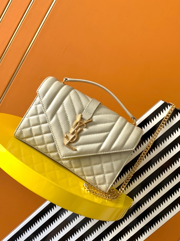 This is a quilted envelope bag from YSL, crafted in off-white caviar leather with a gold-tone logo and metal chain strap, suitable for shoulder or crossbody wear.