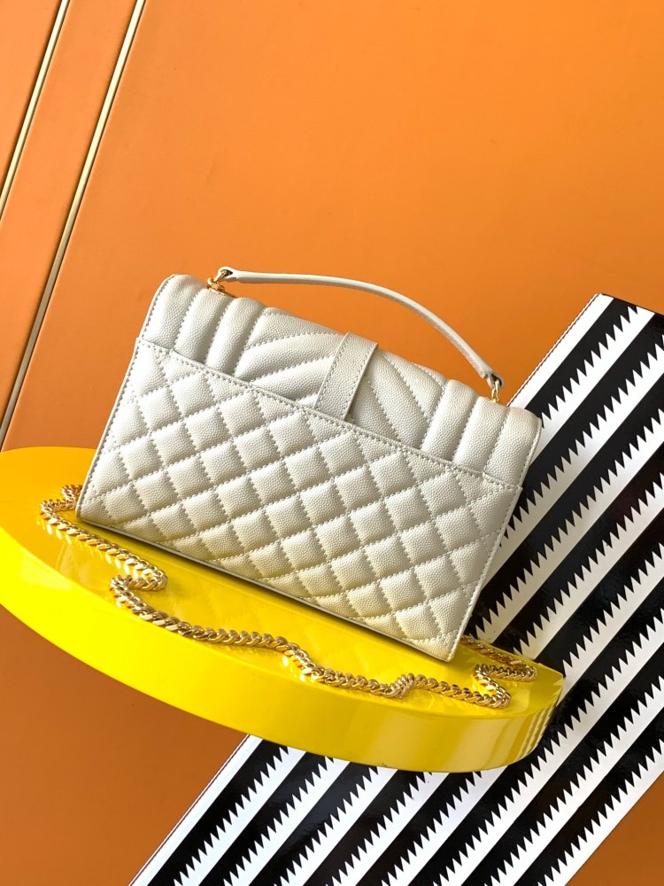 This is a quilted envelope bag from YSL, crafted in off-white caviar leather with a gold-tone logo and metal chain strap, suitable for shoulder or crossbody wear.