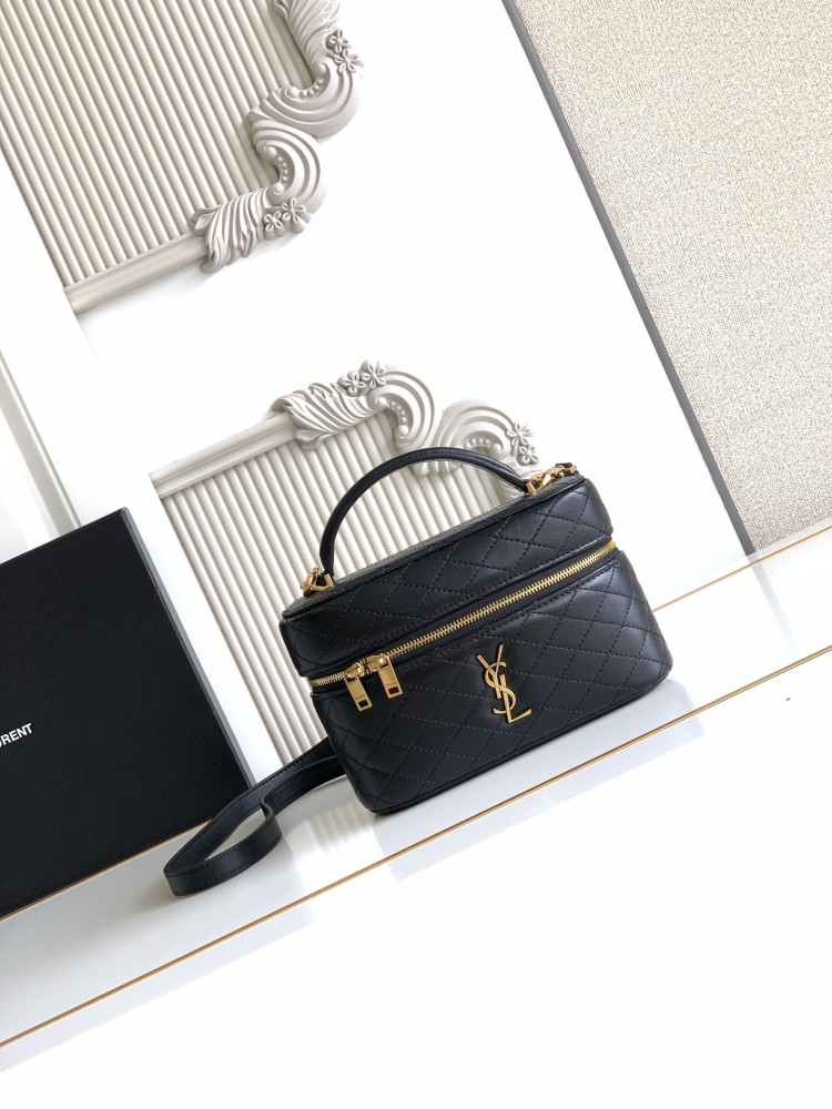 This is a quilted vanity-style handbag from Yves Saint Laurent (YSL), crafted in smooth black leather with a gold-tone brand logo and detachable strap. It exudes an elegant handheld feel and the convenience of shoulder carrying.