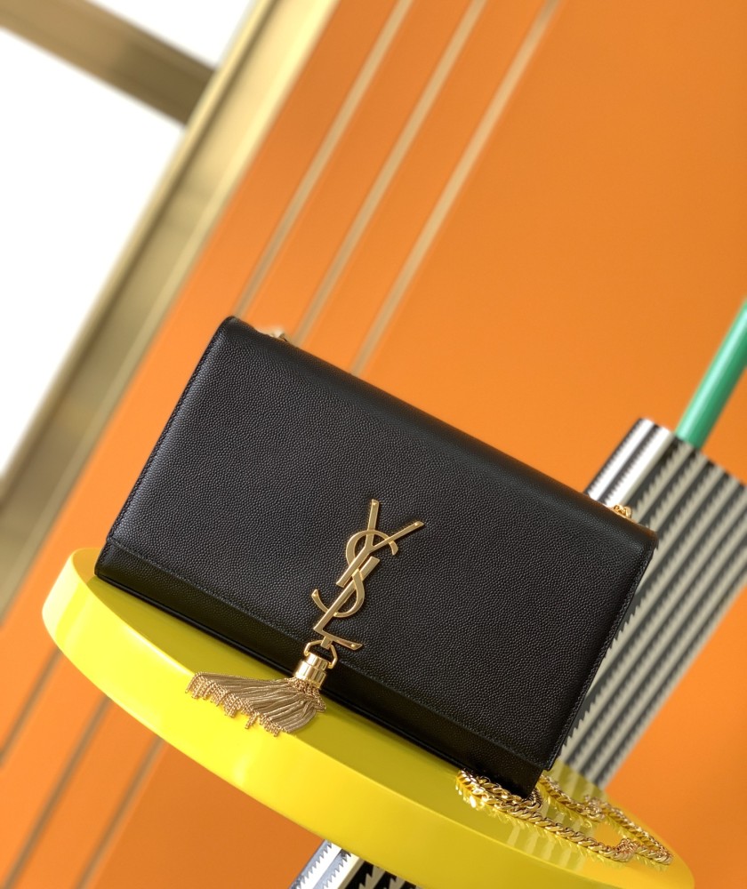 This is the YSL Kate tassel chain bag, made of black caviar leather with gold-tone logo and tassel, suitable for shoulder or crossbody wear.
