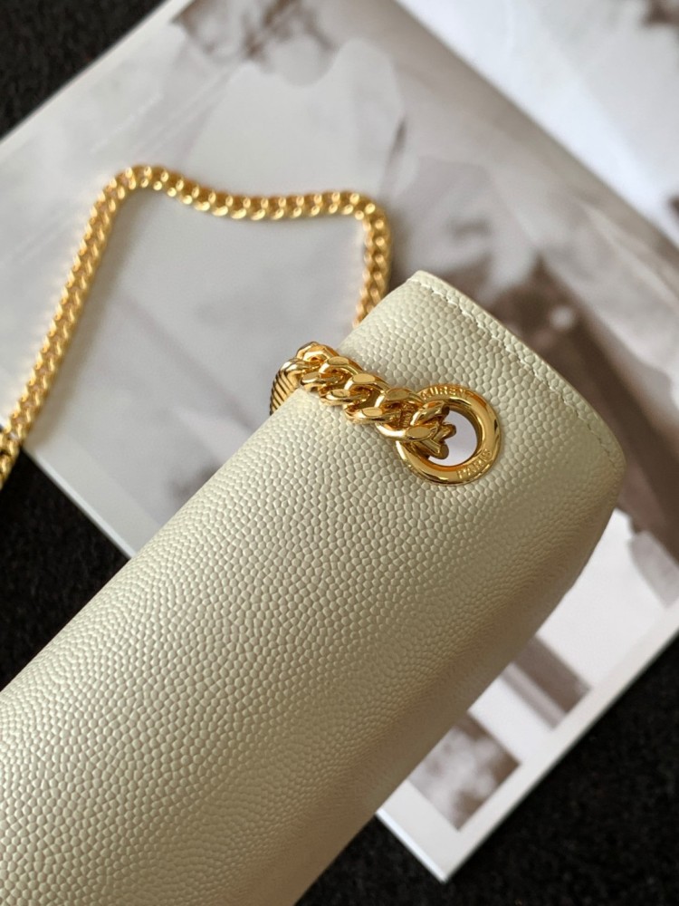 This is the YSL Kate chain bag, made of white caviar leather with gold-tone logo and chain, suitable for shoulder or crossbody wear.