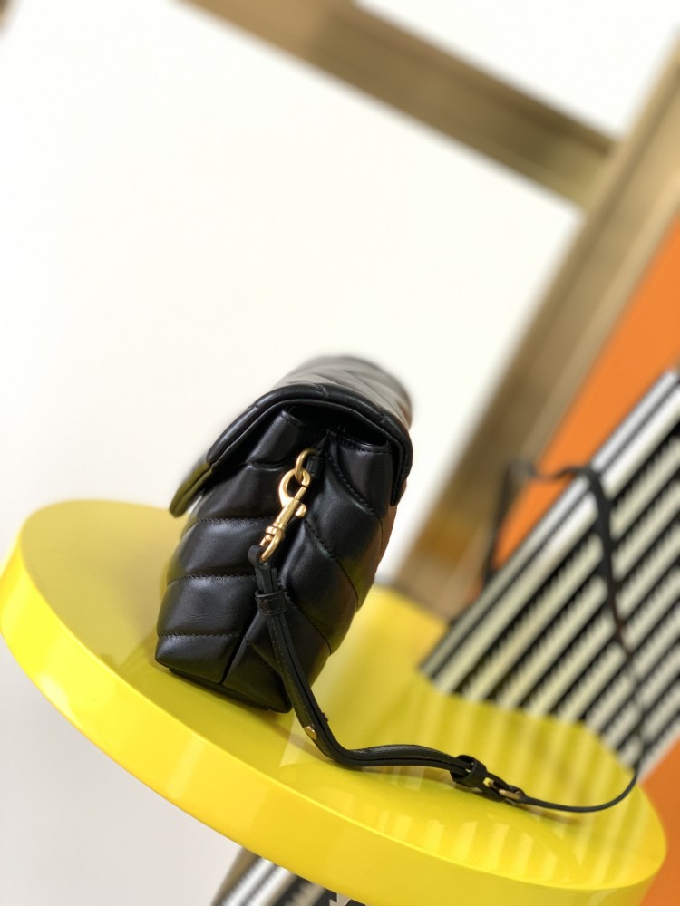 This is the classic YSL (Yves Saint Laurent) Loulou shoulder bag, made of black pebbled leather with gold-tone metal logo and chain.
