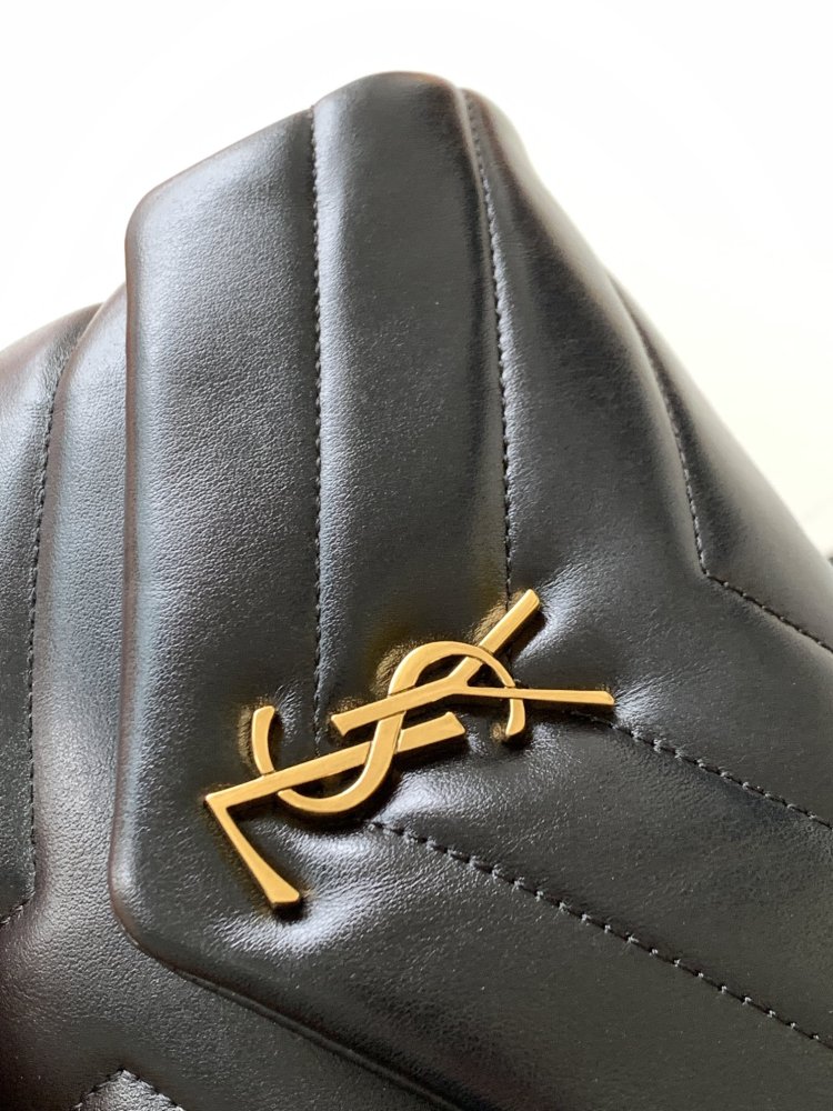 This is the classic YSL (Yves Saint Laurent) Loulou shoulder bag, made of black pebbled leather with gold-tone metal logo and chain.