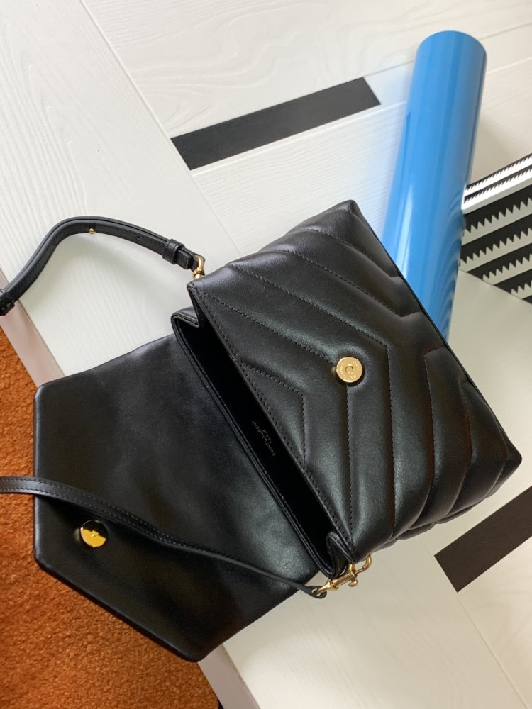 This is the classic YSL (Yves Saint Laurent) Loulou shoulder bag, made of black pebbled leather with gold-tone metal logo and chain.