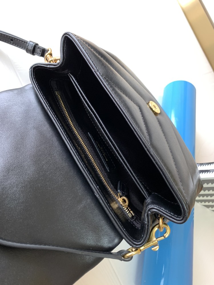 This is the classic YSL (Yves Saint Laurent) Loulou shoulder bag, made of black pebbled leather with gold-tone metal logo and chain.