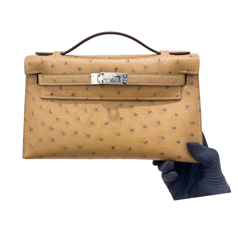 The Hermès Mini Kelly I (also known as the Kelly Pochette) Ostrich Leather Handbag is one of the brand's classic exotic leather models.
