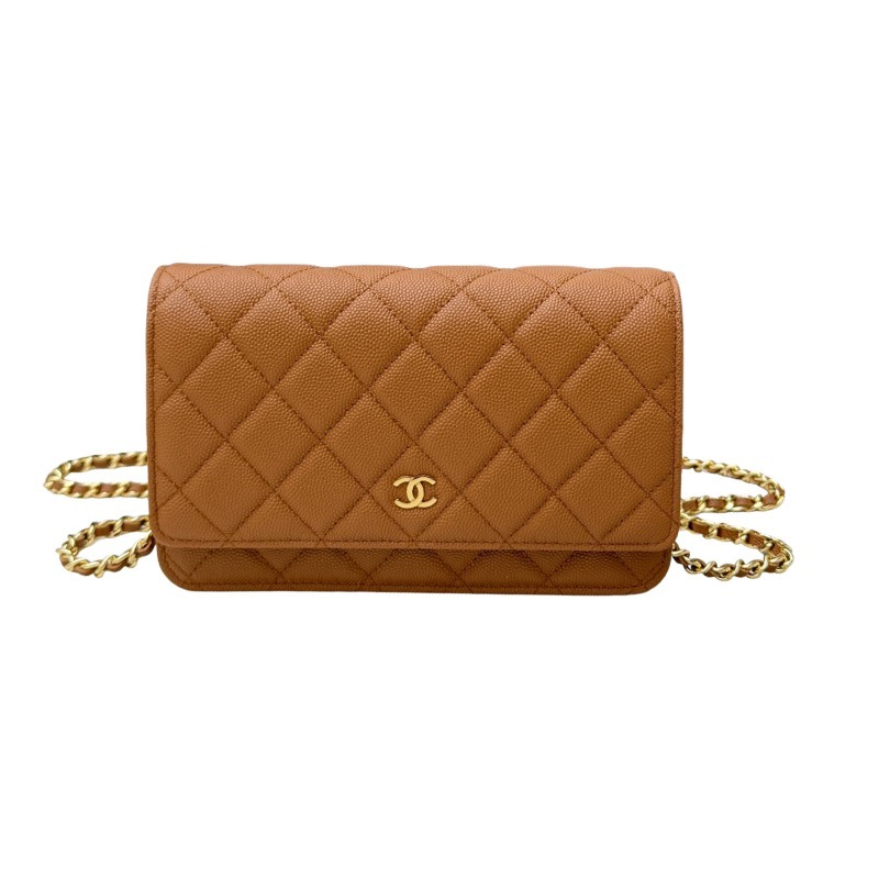 Chanel Wallet on Chain (WOC) crafted in caramel/camel caviar leather with silver-tone hardware.