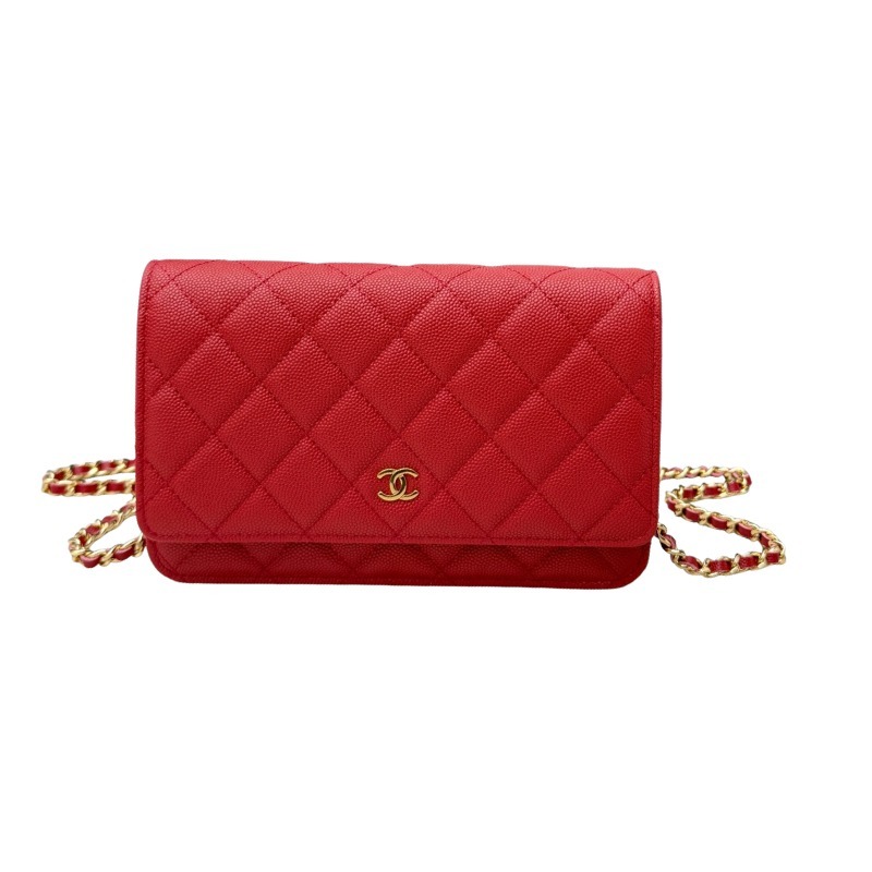 Chanel Wallet on Chain (WOC) crafted in bright red caviar leather with gold-tone hardware.