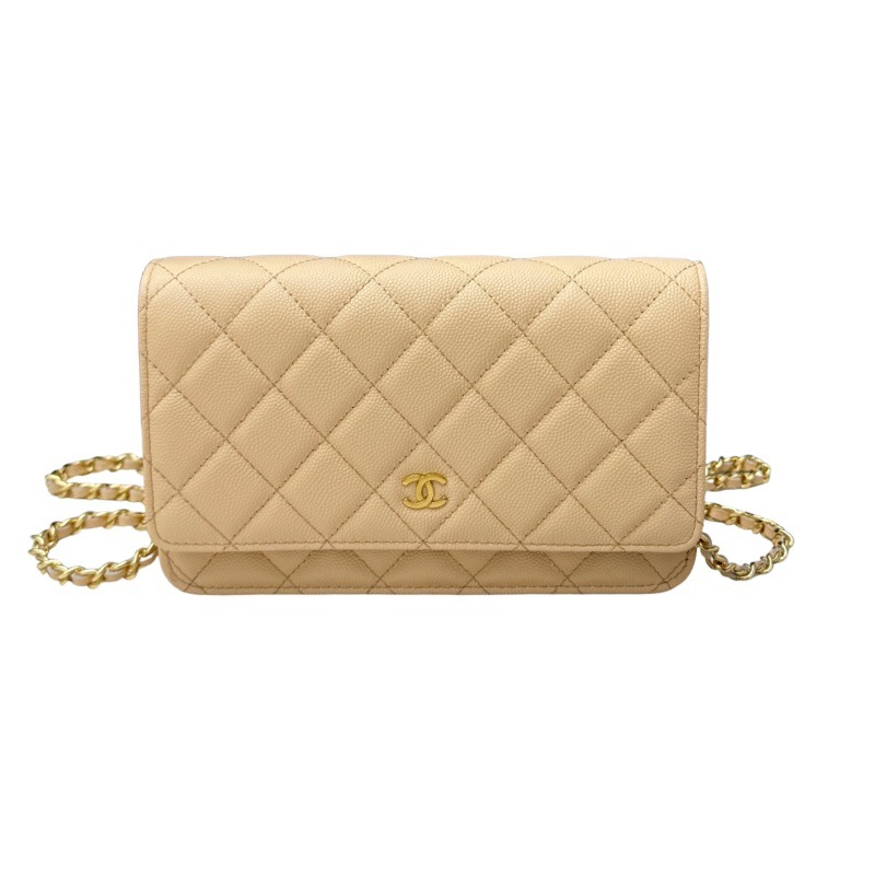 Chanel Wallet on Chain (WOC) crafted in beige caviar leather with gold-tone hardware.