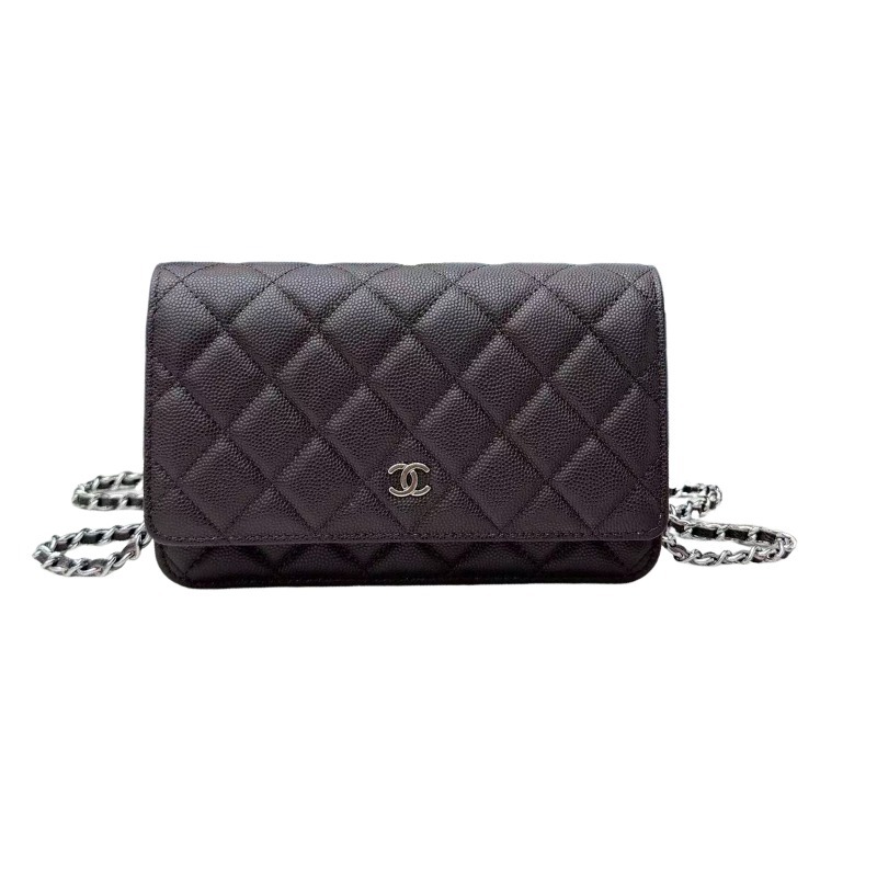 Chanel Wallet on Chain (WOC) crafted in dark brown caviar leather with silver-tone hardware