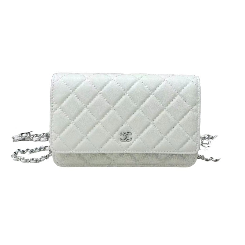 Chanel Wallet on Chain (WOC) crafted in white caviar leather with silver-tone hardware.