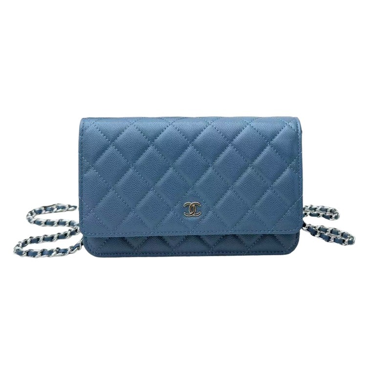 Chanel Wallet on Chain (WOC) crafted in haze blue caviar leather with silver-tone hardware.