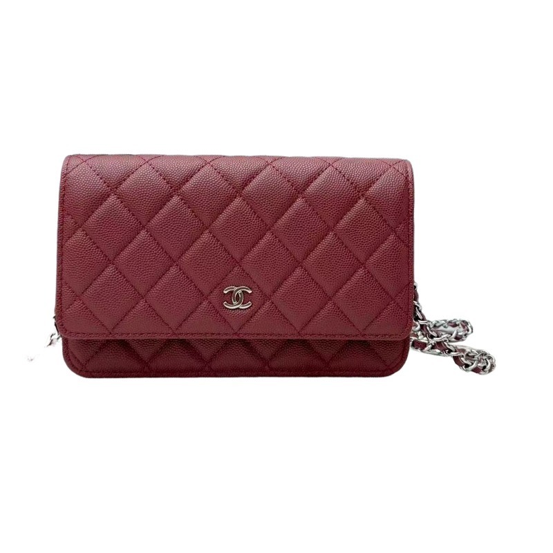 Chanel Wallet on Chain (WOC) crafted in burgundy caviar leather with silver-tone hardware.