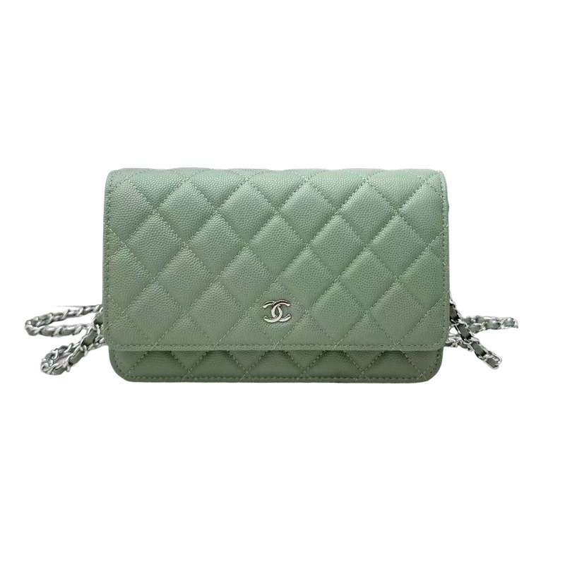 Chanel Wallet on Chain (WOC) crafted in sage green caviar leather with silver-tone hardware.