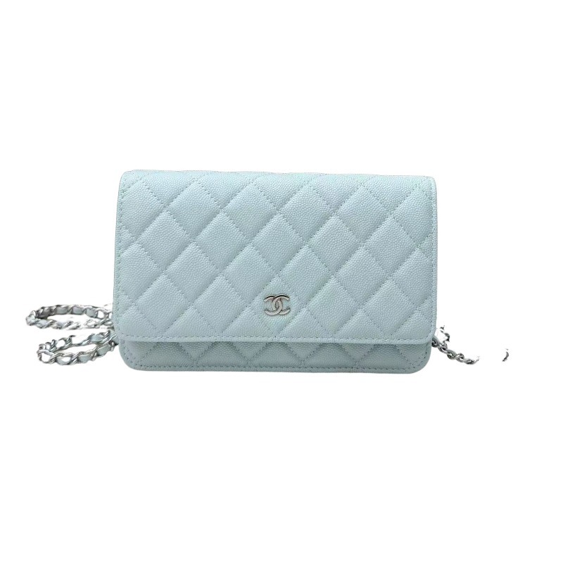 Chanel Wallet on Chain (WOC) crafted in ice blue caviar leather with silver-tone hardware.