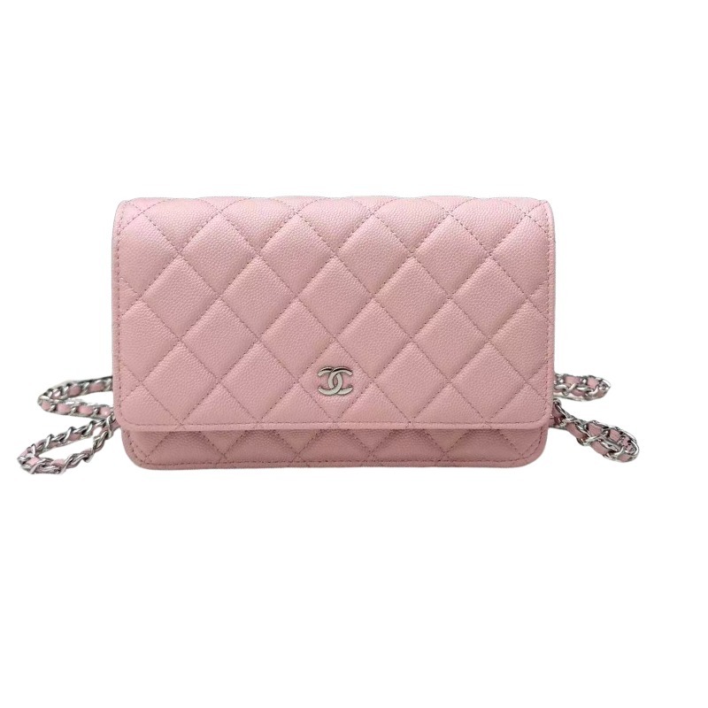 Chanel Wallet on Chain (WOC) crafted in cherry blossom pink caviar leather with silver-tone