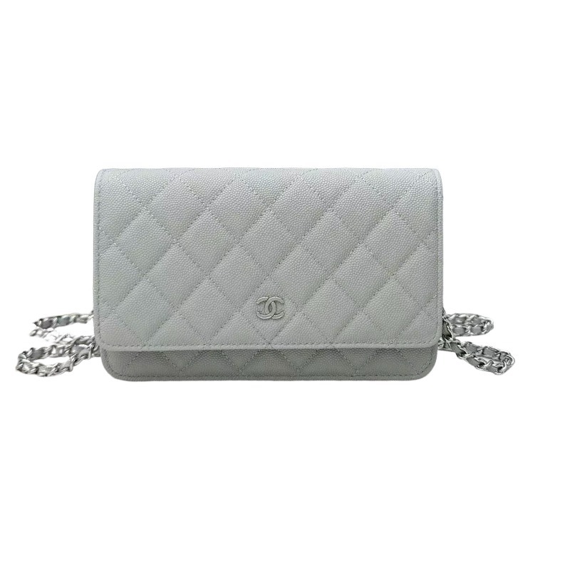 Chanel Wallet on Chain (WOC) crafted in light grey caviar leather with silver-tone hardware.