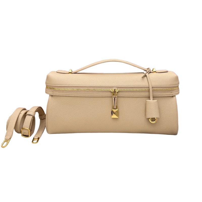 Loro Piana Extra Pocket L19 handbag, crafted in milk tea beige grained leather with gold-tone hardware.