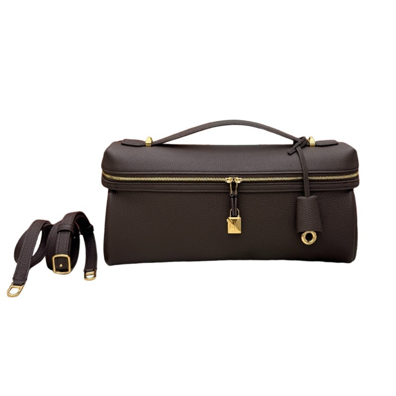 Loro Piana Extra Pocket handbag, crafted in dark brown grained leather with gold-tone hardware.