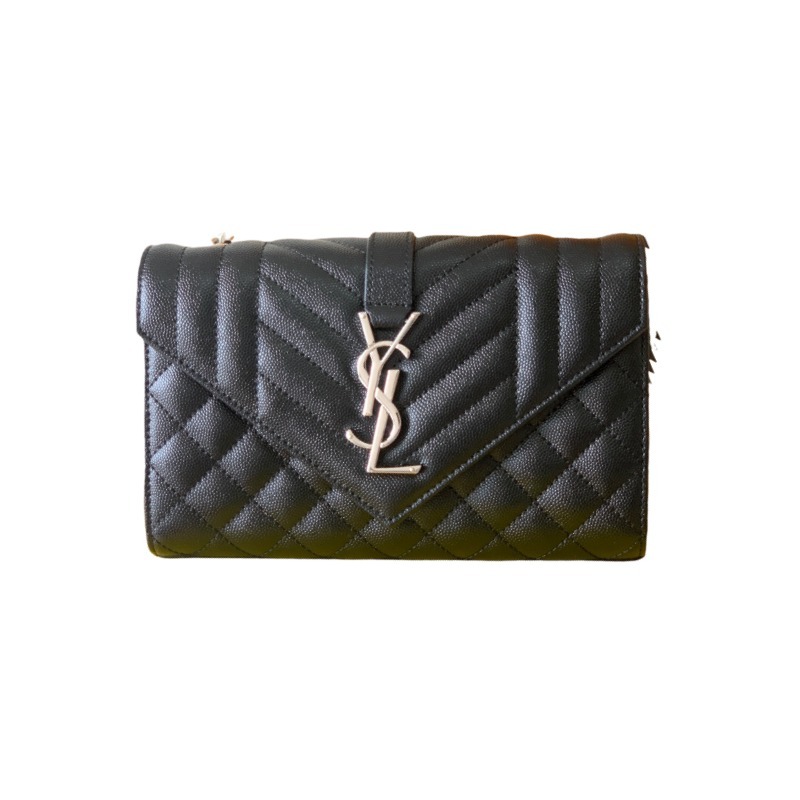 This is a classic Yves Saint Laurent shoulder bag, crafted from black caviar-textured leather and adorned on the front with striking gold-tone hardware featuring the iconic YSL logo.