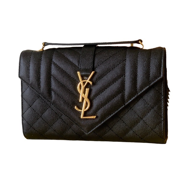 This is a quilted envelope bag from YSL, crafted in black caviar leather with a gold-tone logo and metal chain strap, suitable for shoulder or crossbody wear.