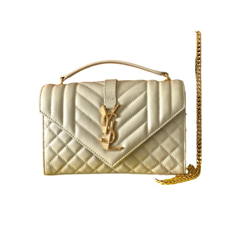 This is a quilted envelope bag from YSL, crafted in off-white caviar leather with a gold-tone logo and metal chain strap, suitable for shoulder or crossbody wear.