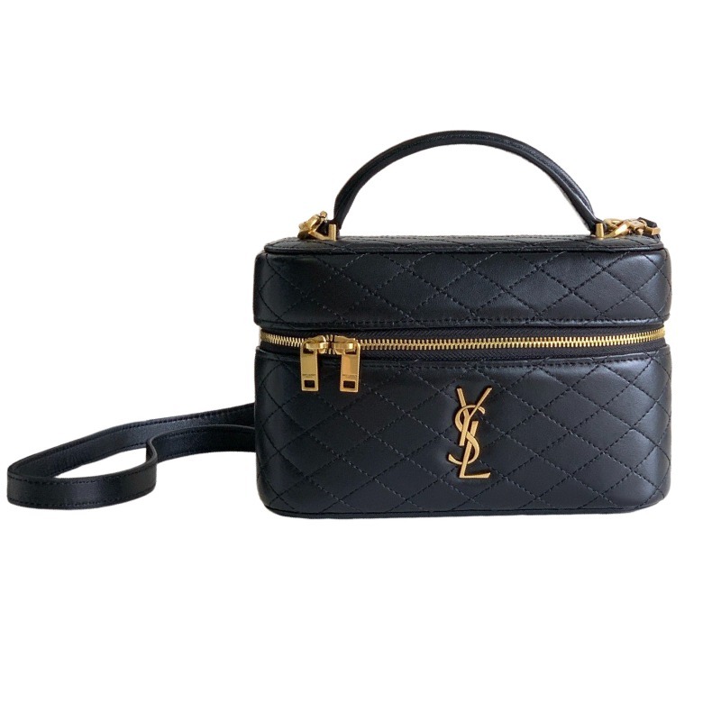This is a quilted vanity-style handbag from Yves Saint Laurent (YSL), crafted in smooth black leather with a gold-tone brand logo and detachable strap. It exudes an elegant handheld feel and the convenience of shoulder carrying.