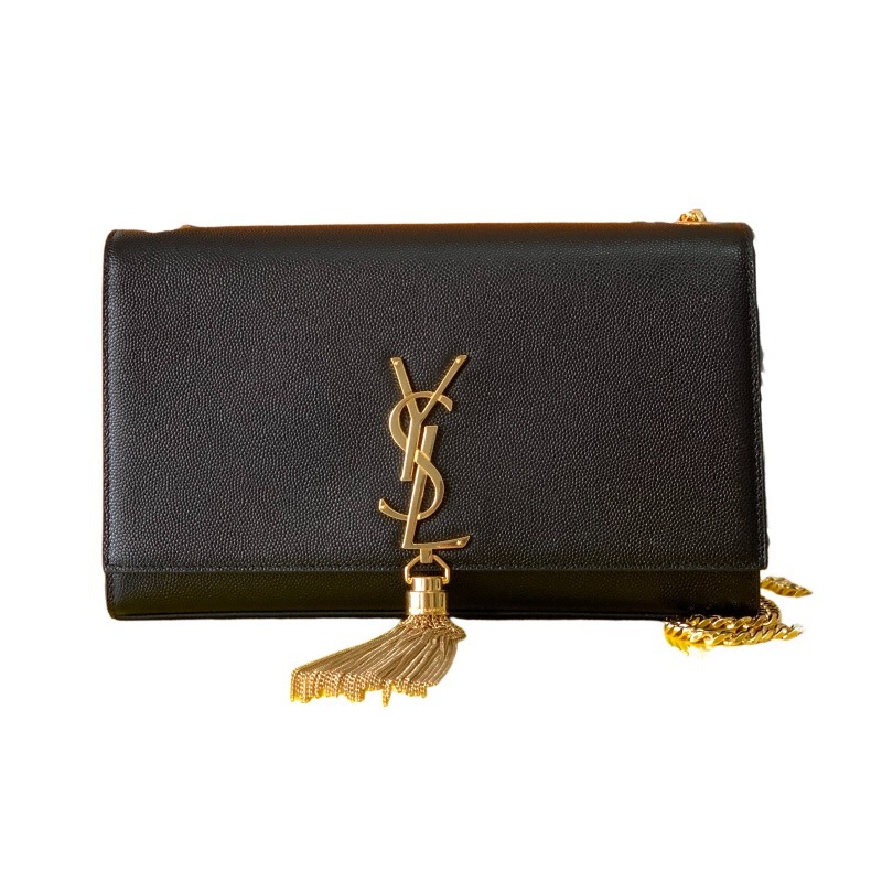 This is the YSL Kate tassel chain bag, made of black caviar leather with gold-tone logo and tassel, suitable for shoulder or crossbody wear.