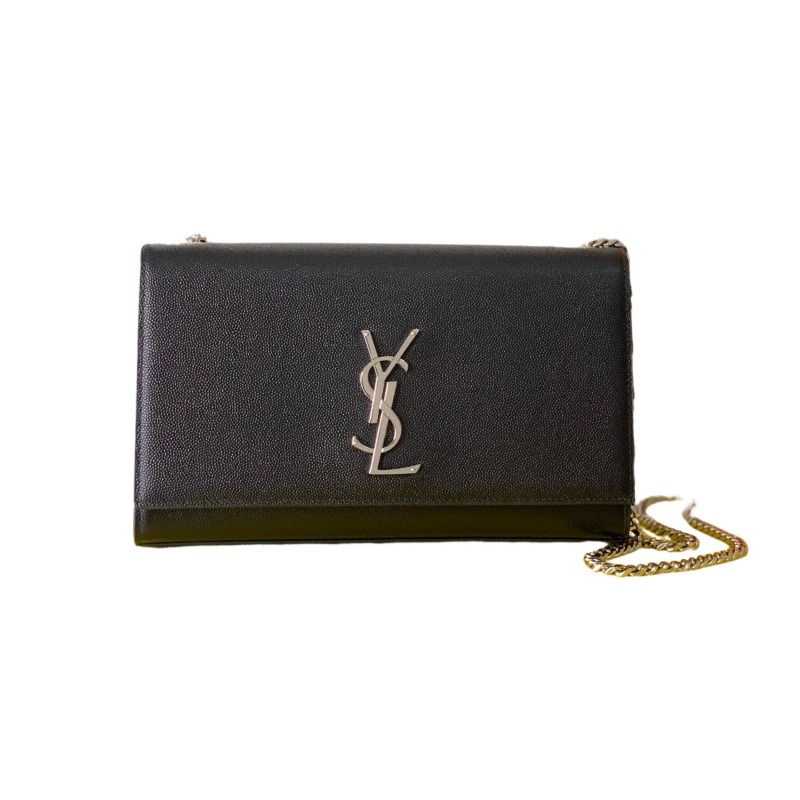 This bag is the classic YSL (Yves Saint Laurent) Kate shoulder bag. It features black caviar leather (pebbled leather) with the iconic silver-tone YSL logo and a silver-tone metal chain.