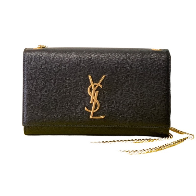 This is the YSL Kate chain bag, crafted in black caviar leather with a gold-tone metal logo and chain strap, no tassel, suitable for shoulder or crossbody wear.