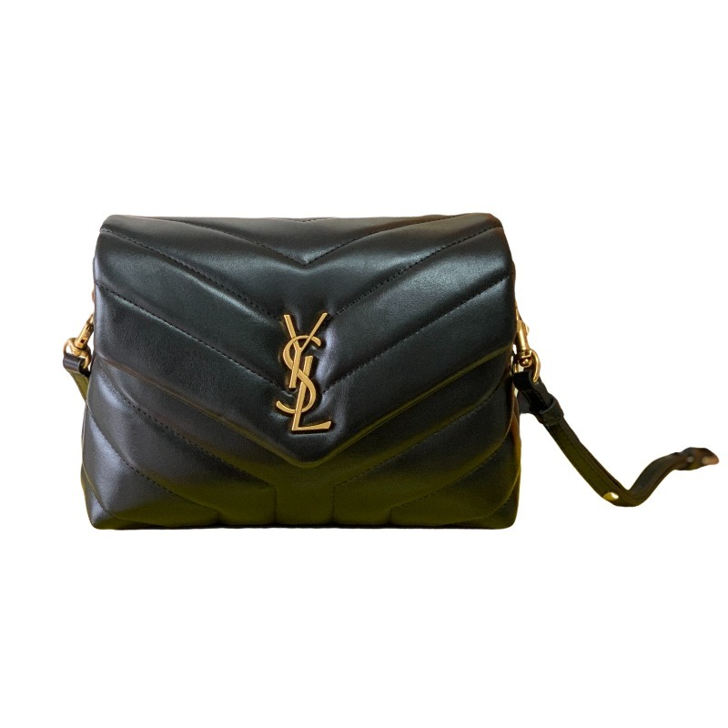 This is the classic YSL (Yves Saint Laurent) Loulou shoulder bag, made of black pebbled leather with gold-tone metal logo and chain.