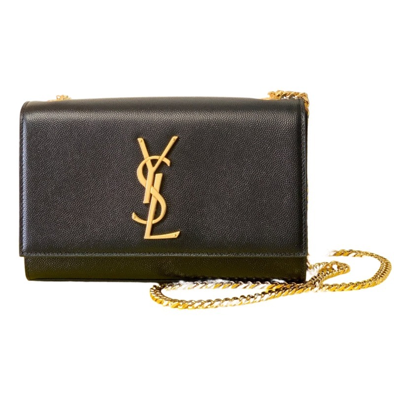 This is a chain bag from the YSL (Yves Saint Laurent) Kate collection, crafted from black grained leather with a prominent gold-tone metal YSL logo on the front. It features a sleek and sophisticated design, suitable for shoulder or crossbody wear.