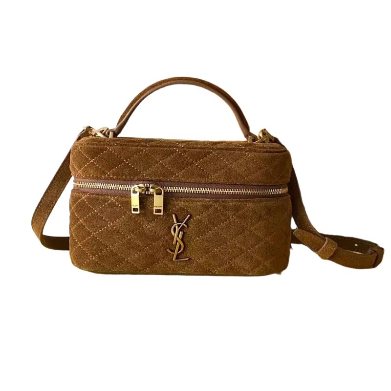 This is the YSL vintage suede vanity bag in brown quilted leather, with top handle and crossbody strap.