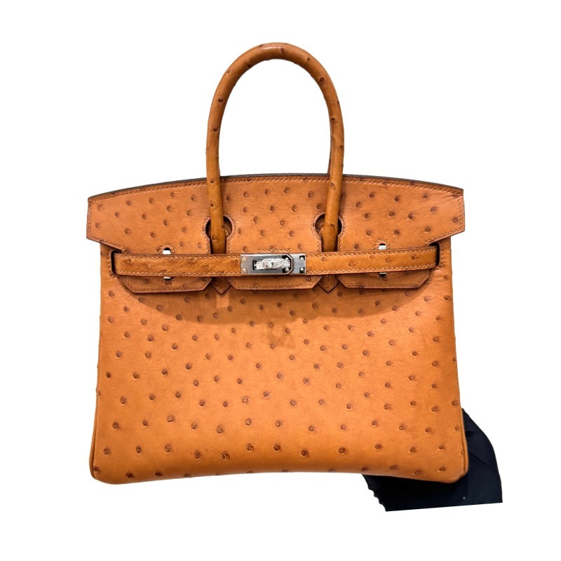 The Hermès Birkin 30 handbag in Ostrich leather—rendered in the "Gold" shade (also known as "Gold Brown" or "Caramel") and accented with silver hardware—is a classic model from the brand and a highly collectible, rare-skin edition.