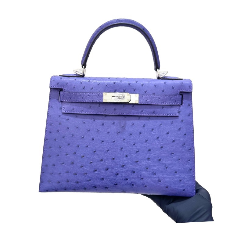 The Hermès Mini Kelly II handbag in ostrich leather—featuring a striking shade of purple (Iris/Electric Purple) paired with gold hardware—stands out as a highly distinctive and exclusive piece among Hermès' rare-skin offerings.