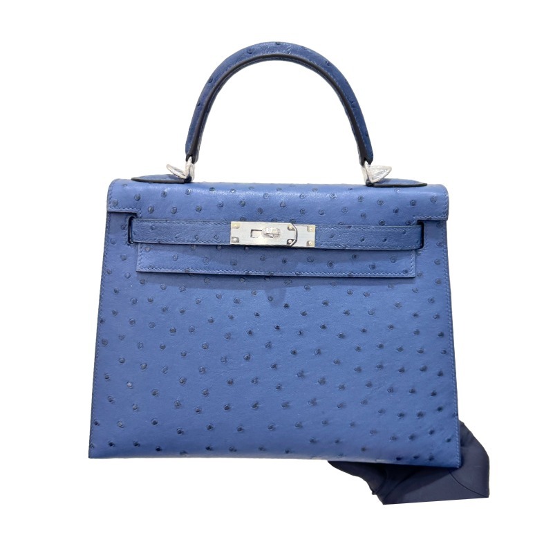 The Hermès Kelly 25 handbag in ostrich leather—featuring a fresh "Haze Blue" (also known as "Sailor Blue" or "Atlantic Blue") paired with silver hardware—stands as a quintessential example of the cool, sophisticated elegance characteristic of Hermès' exot