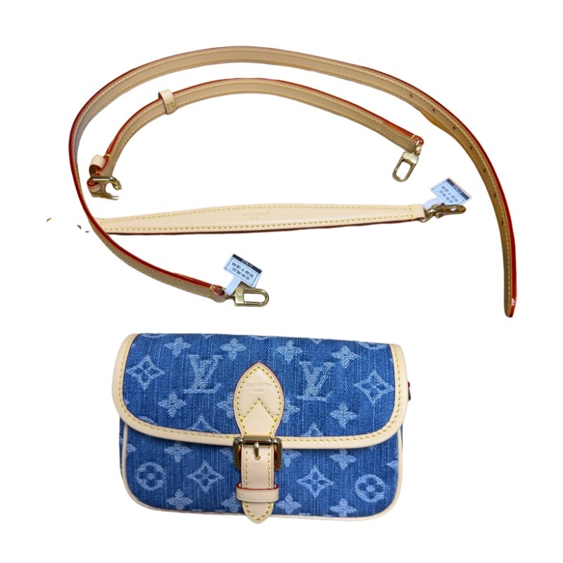 The Louis Vuitton Nano Diane mini baguette bag features the brand's iconic Monogram denim canvas.