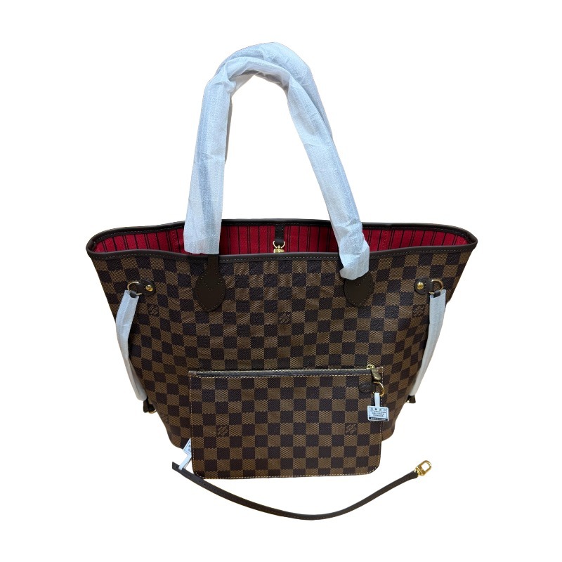 The Louis Vuitton Neverfull MM medium tote bag features the classic Damier Ebene brown checkered canvas, paired with the iconic red striped lining.