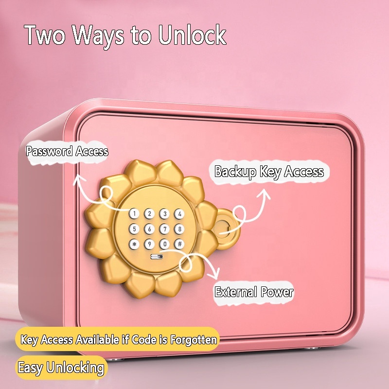 Home Small Steel Safe Box Mini Safe Kids Pink Waterproof Fireproof Electronic Code Key Lock Security Cabinet Portable Strong