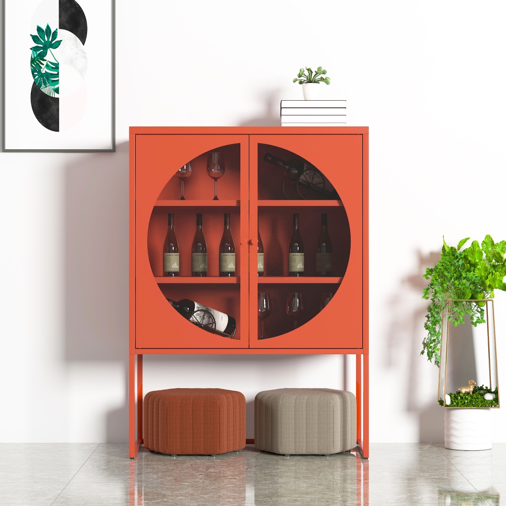 Freestanding Home Bar Liquor Storage Wine Cabinet Steel Flat Panel Door Space Saving Durable Large Capacity Living Room