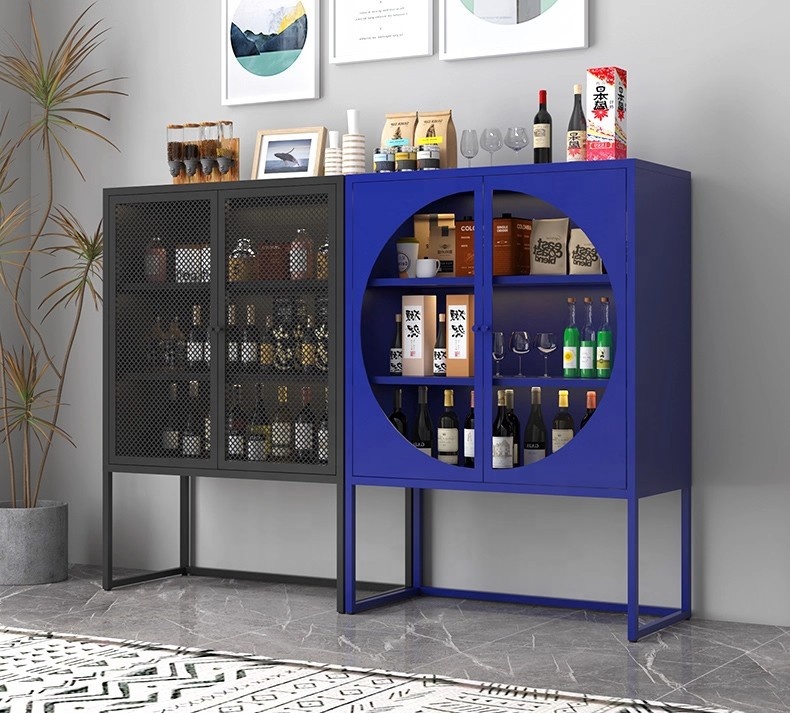 Freestanding Home Bar Liquor Storage Wine Cabinet Steel Flat Panel Door Space Saving Durable Large Capacity Living Room