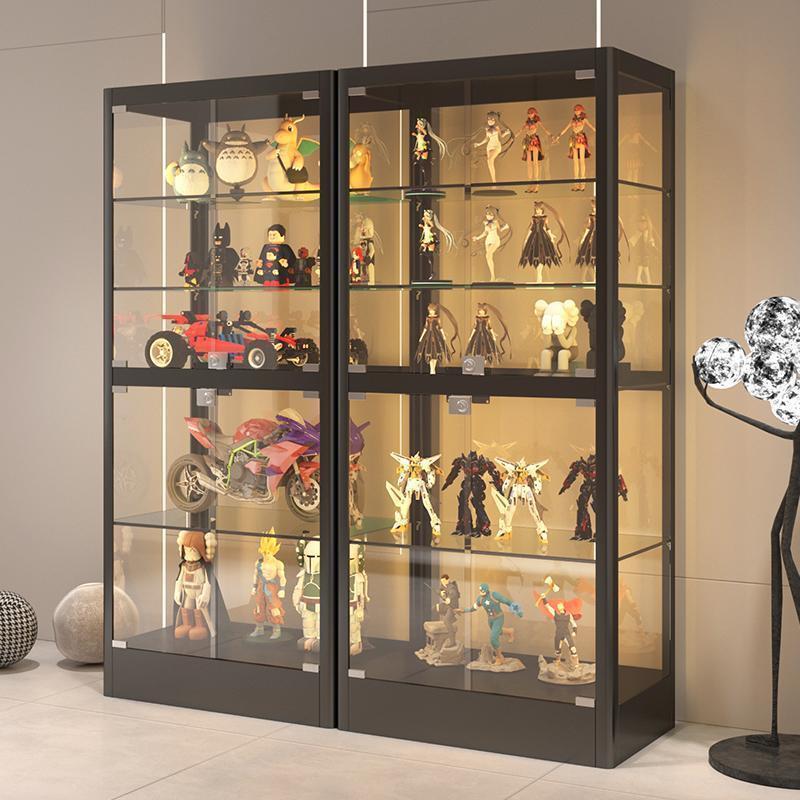 5-Tier Black Glass Display Cabinet with Doors 4-Shelf Bookcase for Collectibles Space-Saving Living Room Glass Storage Case