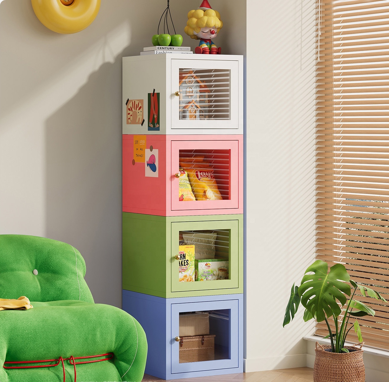 Modern Steel Small Bookshelf Glass Doors Space-Saving Wall Mount Storage Cabinet for Living Room Bedroom Home Office School