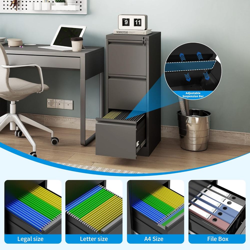 3 Drawer Lockable Steel File Cabinet Modern Vertical Filing Cabinet for Home Office Legal/Letter Size