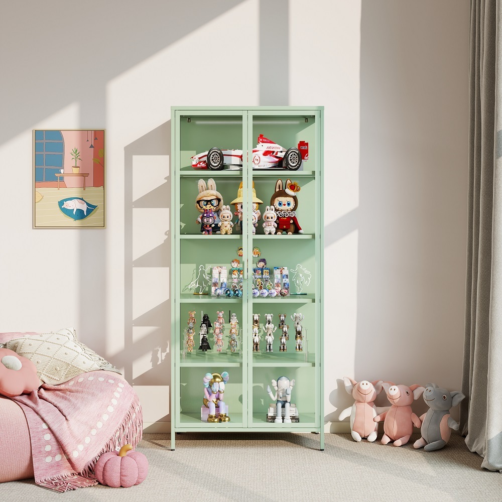 Modern Display Storage Cabinet Glass Door Metal Curio Cabinet 5 Adjustable Shelves HD Tempered Glass Living Room Display Case
