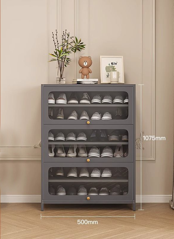 Durable 3 Tier Metal Shoe Storage Cabinet with Door Modern Design for Living Room & Workshop up to 11 Pair Capacity