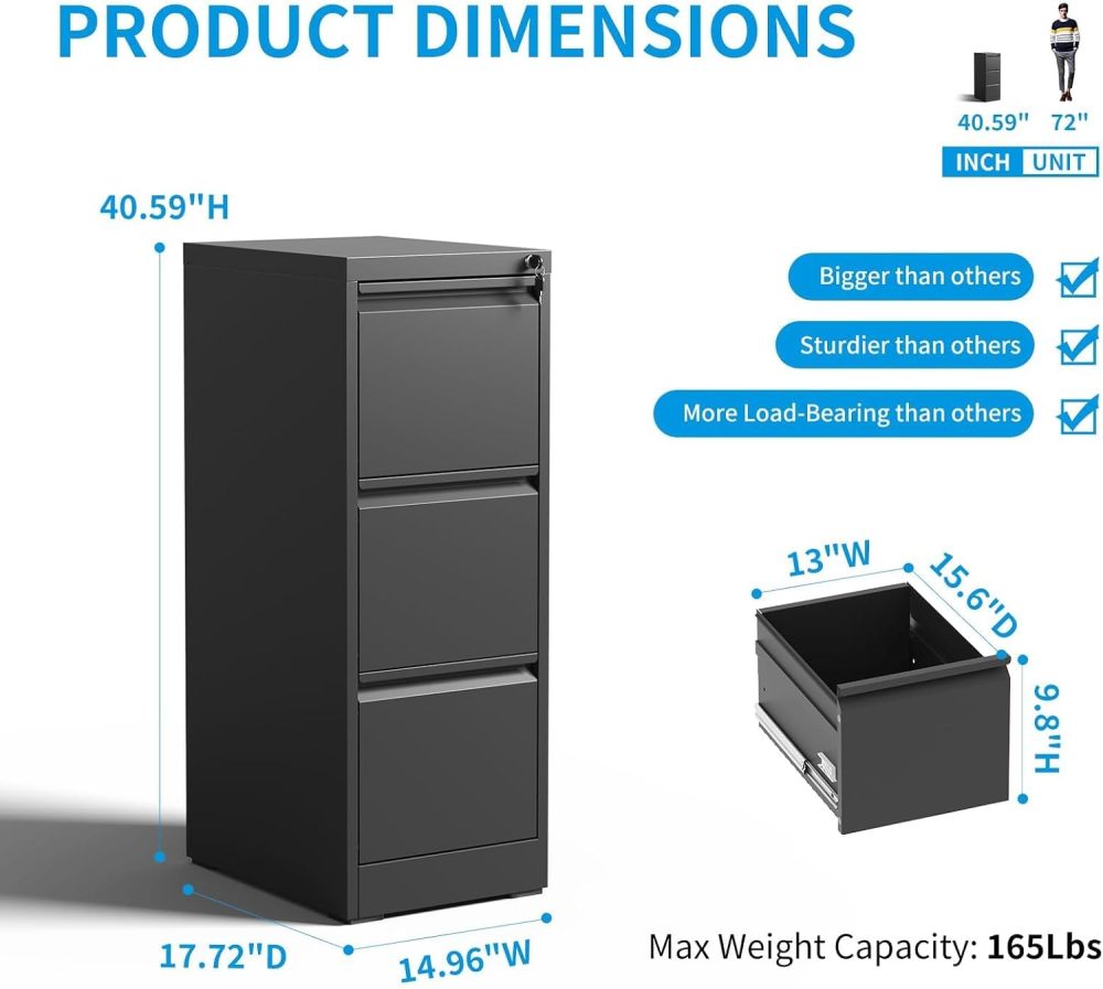 3 Drawer Lockable Steel File Cabinet Modern Vertical Filing Cabinet for Home Office Legal/Letter Size